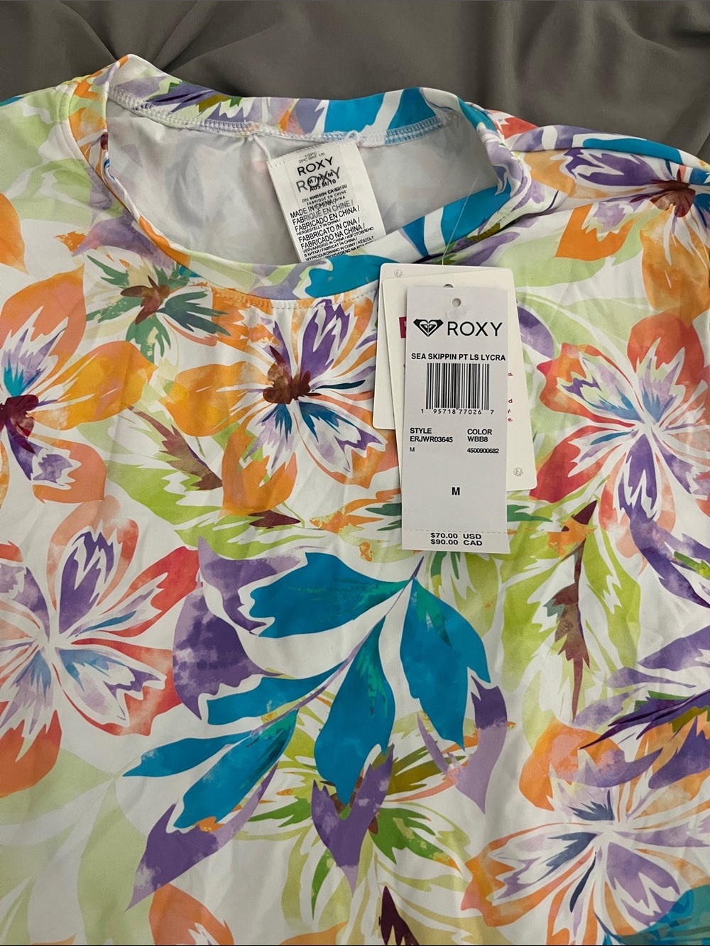 Roxy Floral Long Sleeve Rash Guard - Blue, Orange, Purple, Green - Picture 3 of 6